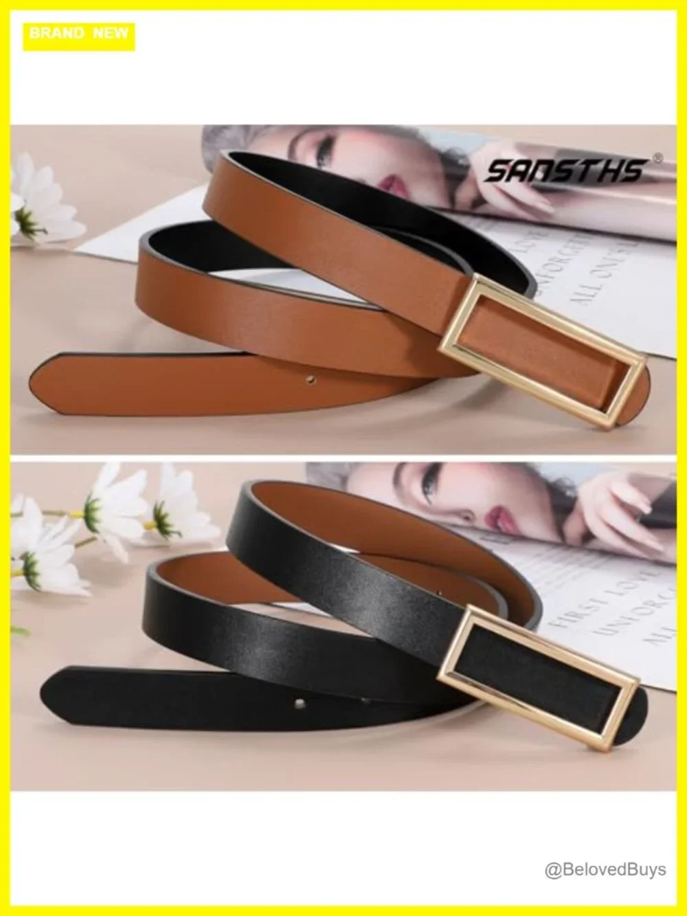 Women's Thin Faux Leather Reversible Skinny Belt with Gold Buckle